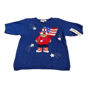 Vintage Gladys Bagley Sweater Blue Patriotic Bear USA Flag Size L Americana